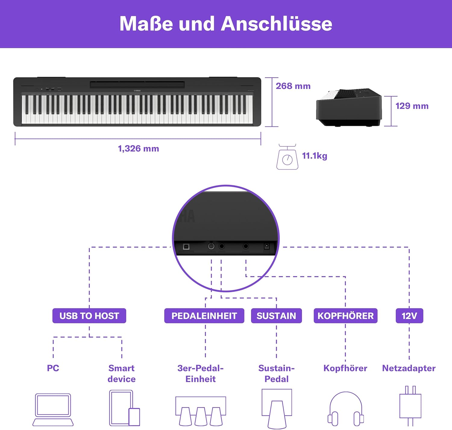 Yamaha P-145BT Digitalpiano – Leichtes und tragbares Digitalpiano mit Graded-Hammer-Compact Klaviatur mit 88 gewichteten Tasten und 10 Instrumentenklängen, Bluetooth – Schwarz
