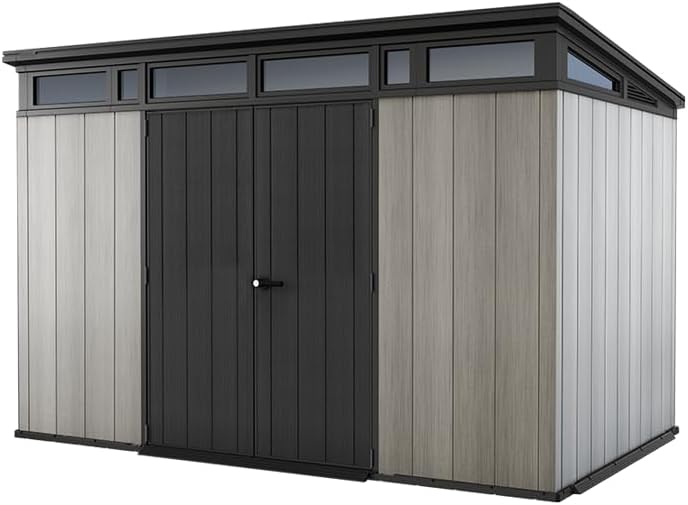 Keter Kunststoff Gerätehaus 11x7 – Wetterfestes Gartenhaus mit Boden, Doppeltüren & Fenster, Fahrradschuppen, Ideal für Outdoor-Geräteschuppen, 342x218x226cm