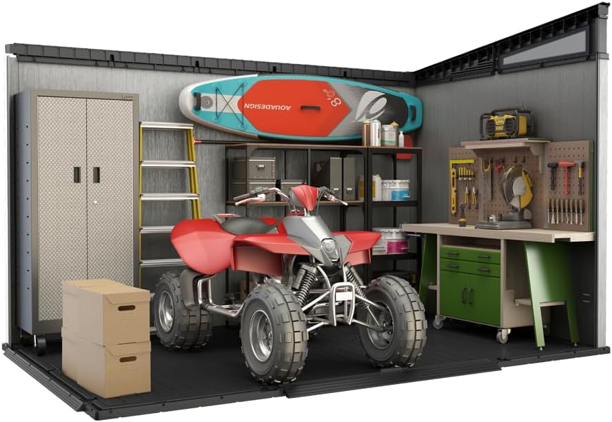 Keter Kunststoff Gerätehaus 11x7 – Wetterfestes Gartenhaus mit Boden, Doppeltüren & Fenster, Fahrradschuppen, Ideal für Outdoor-Geräteschuppen, 342x218x226cm