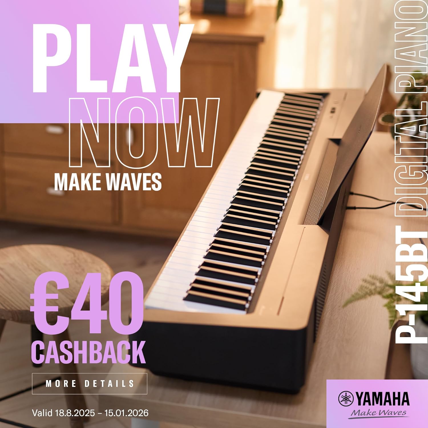 Yamaha P-145BT Digitalpiano – Leichtes und tragbares Digitalpiano mit Graded-Hammer-Compact Klaviatur mit 88 gewichteten Tasten und 10 Instrumentenklängen, Bluetooth – Schwarz