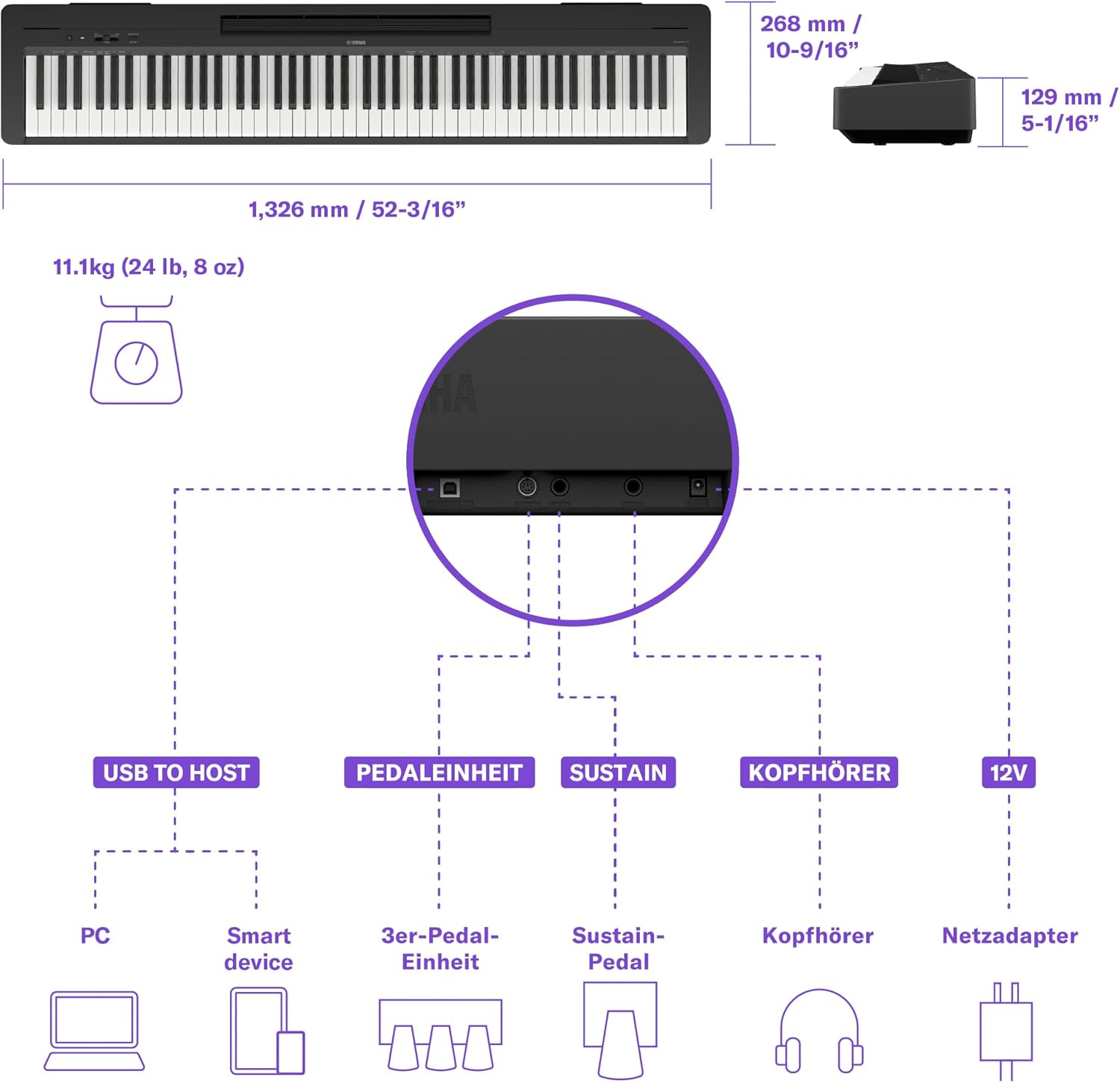 Yamaha P-145 Digital Piano, Schwarz – Leichtes und tragbares Digital Piano mit der Graded-Hammer-Compact Tastatur mit 88 gewichteten Tasten und 10 Instrumentenklängen