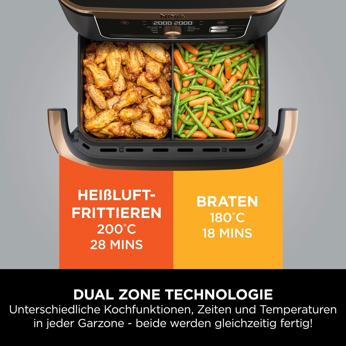 Ninja Foodi FlexDrawer Dual Zone Heißluftfritteuse, Airfryer mit 10,4-Fach und herausnehmbarem Trenner, Antihaftbeschichtung, spülmaschinenfester Korb, 7-in-1, Schwarz & Kupfer, AF500EUCP