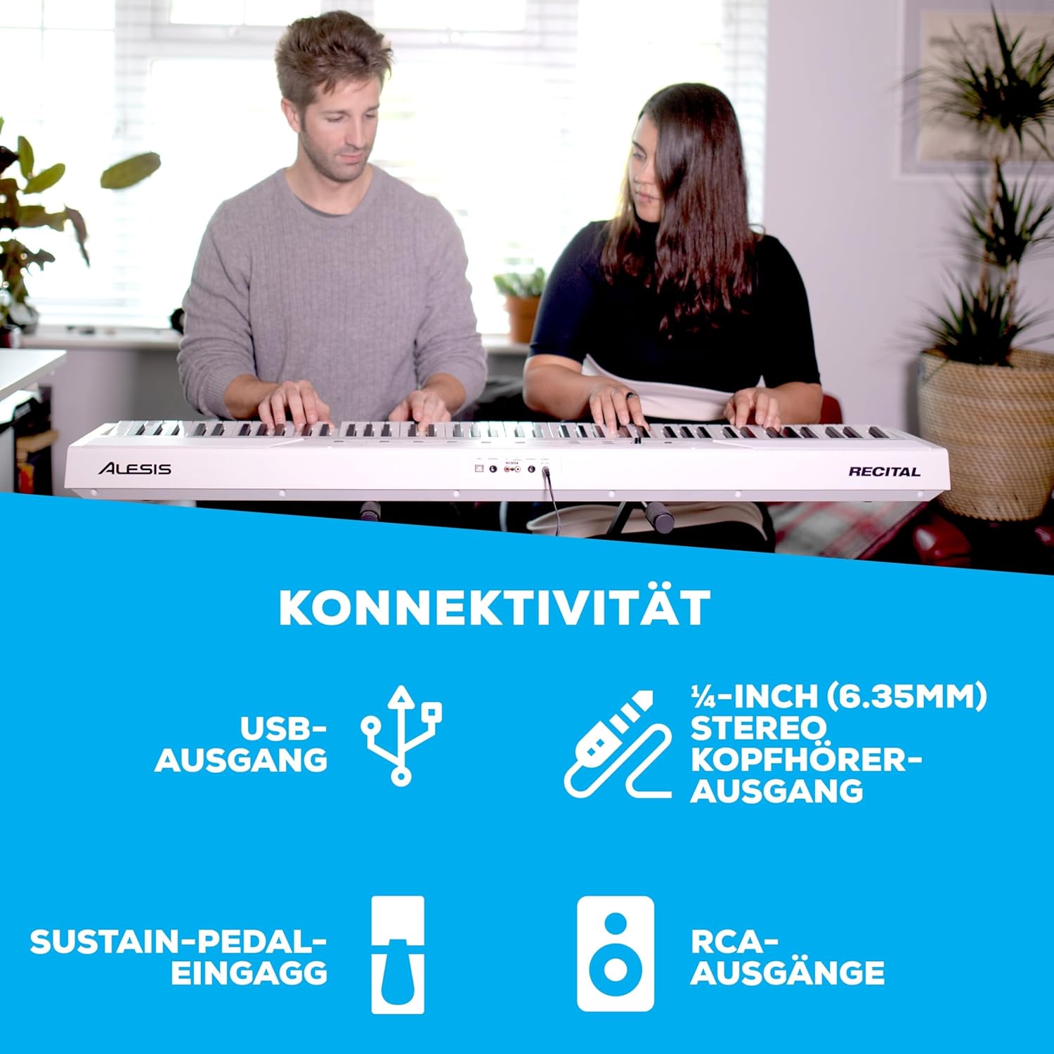 Alesis Recital - E Piano 88 Tasten für Einsteiger mit Halbgewichteten Volle Größe Klavier, Lautsprechern, fünf Premium-Stimmen, Kopfhörerausgang, Klavier Lektionen-Abo