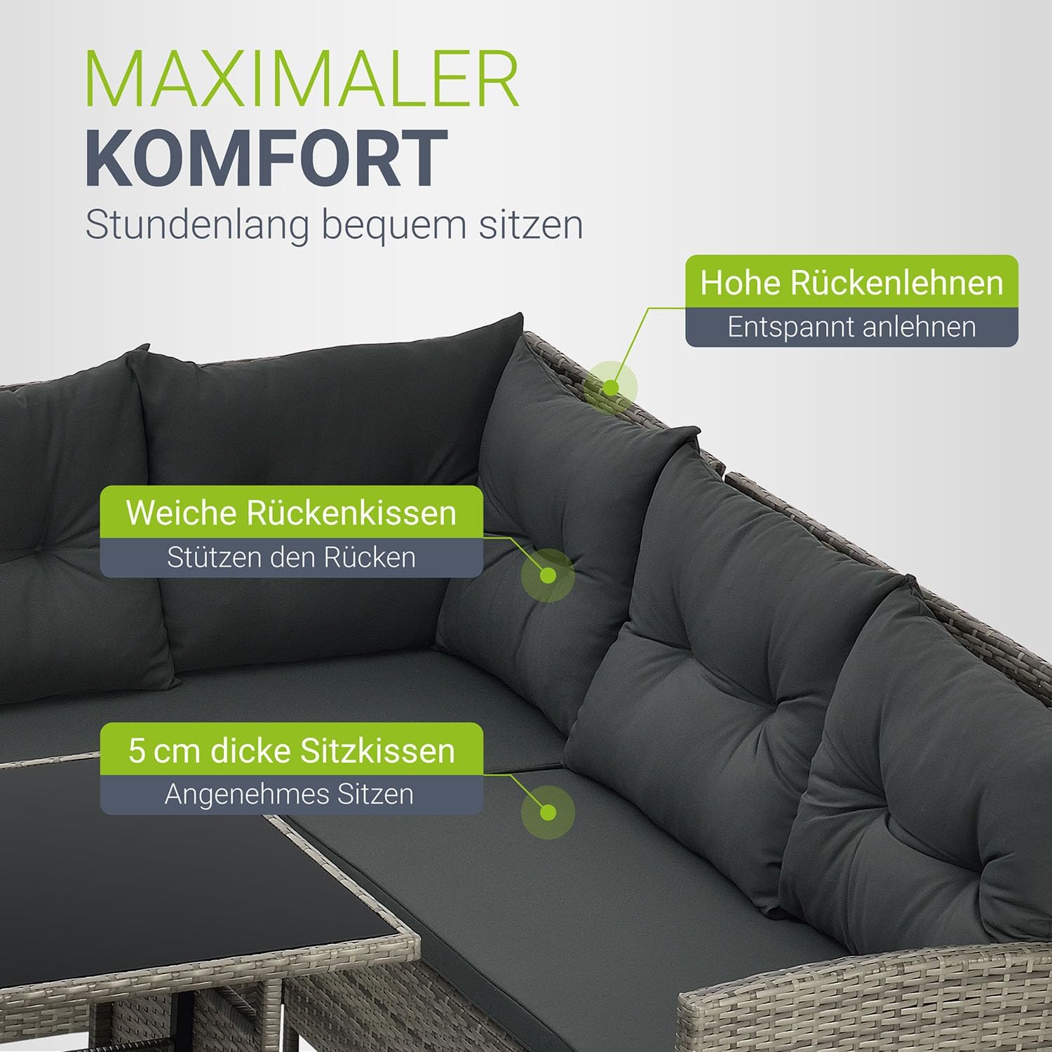 Juskys Polyrattan Lounge Manacor mit Ecksofa, Esstisch, 2 Hocker & Kissen - wetterfest bis 7 Personen - Bezüge waschbar - Rattan Garten Sitzgruppe Gartenlounge Gartenmöbel Set - Grau-meliert