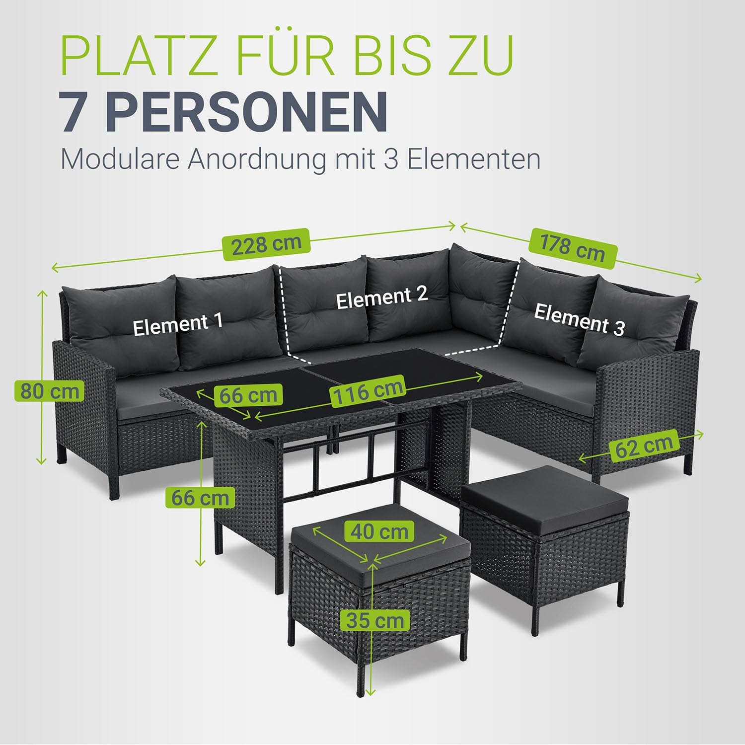 Juskys Polyrattan Lounge Manacor mit Ecksofa, Esstisch, 2 Hocker & Kissen - wetterfest bis 7 Personen - Bezüge waschbar - Rattan Garten Sitzgruppe Gartenlounge Gartenmöbel Set - Schwarz/Grau