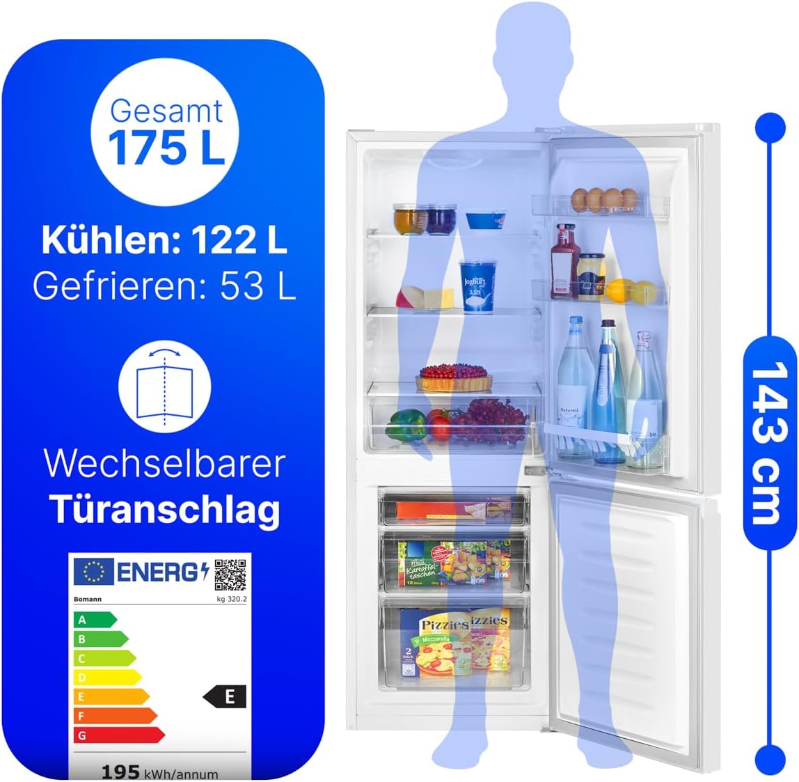 Bomann® Kühlschrank mit Gefrierfach | Energieklasse E | 143cm | Kühl Gefrierkombination leise 39 dB | 3 Ablagen & 3 Schubladen | Türanschlag wechselbar | 175L Kühlgefrierkombi | KG 320.2 schwarz [Energieklasse E]