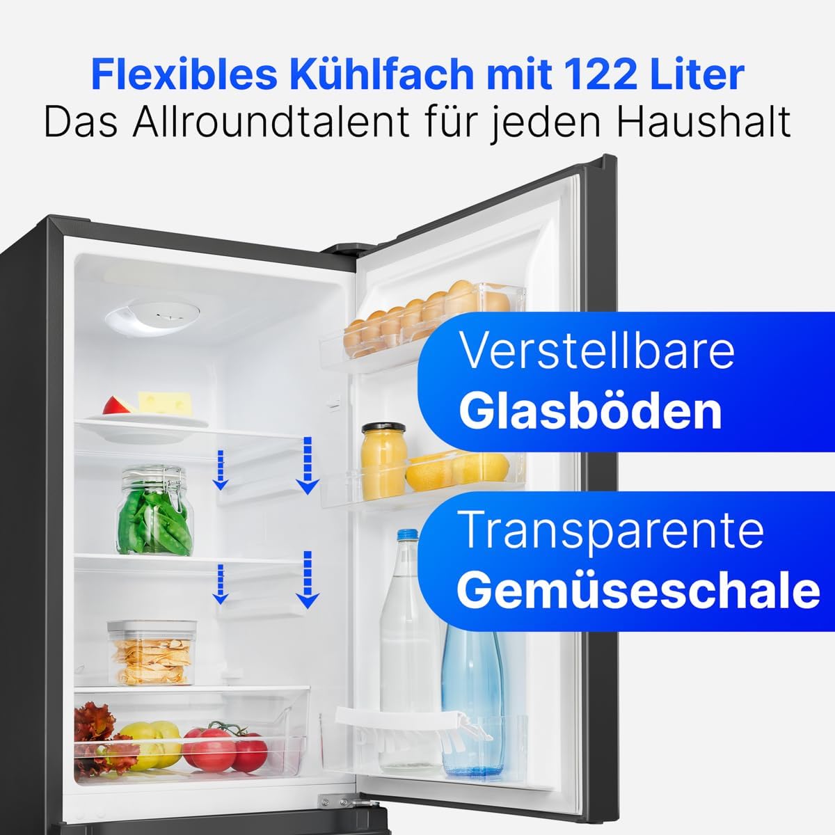 Bomann® Kühlschrank mit Gefrierfach | Energieklasse E | 143cm | Kühl Gefrierkombination leise 39 dB | 3 Ablagen & 3 Schubladen | Türanschlag wechselbar | 175L Kühlgefrierkombi | KG 320.2 schwarz [Energieklasse E]