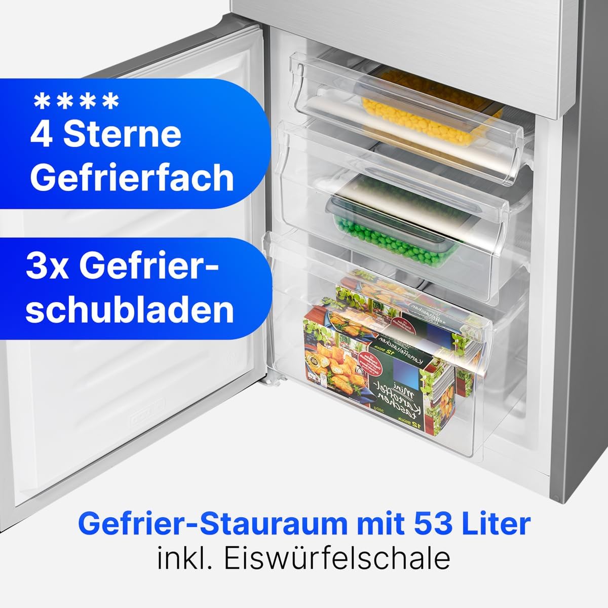 Bomann® Kühlschrank mit Gefrierfach | Energieklasse E | 143cm | Kühl Gefrierkombination leise 39 dB | 3 Ablagen & 3 Schubladen | Türanschlag wechselbar | 175L Kühlgefrierkombi | KG 320.2 schwarz [Energieklasse E]