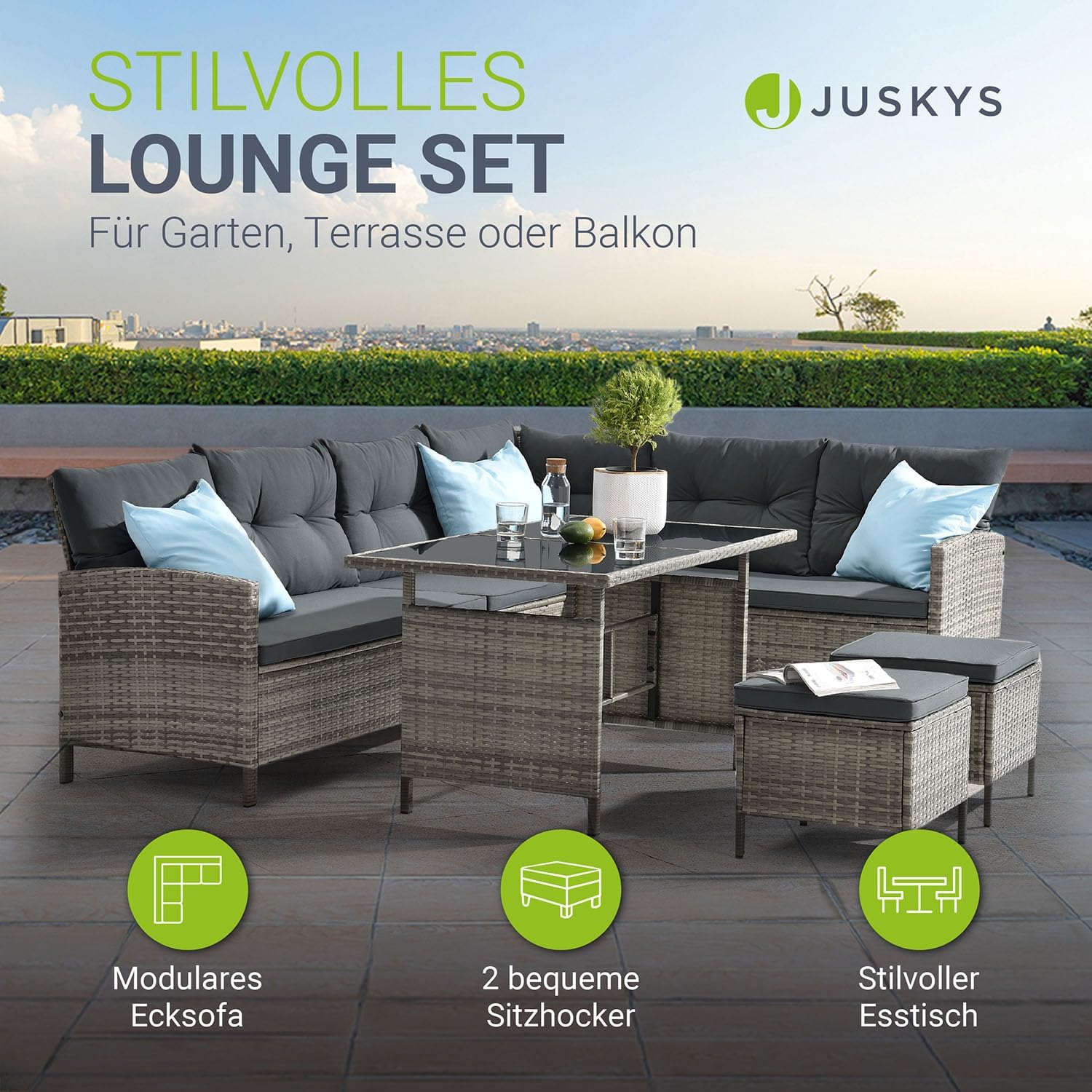 Juskys Polyrattan Lounge Manacor mit Ecksofa, Esstisch, 2 Hocker & Kissen - wetterfest bis 7 Personen - Bezüge waschbar - Rattan Garten Sitzgruppe Gartenlounge Gartenmöbel Set - Grau-meliert