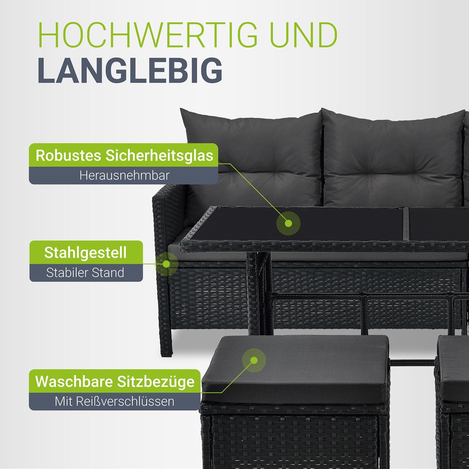 Juskys Polyrattan Lounge Manacor mit Ecksofa, Esstisch, 2 Hocker & Kissen - wetterfest bis 7 Personen - Bezüge waschbar - Rattan Garten Sitzgruppe Gartenlounge Gartenmöbel Set - Schwarz/Grau