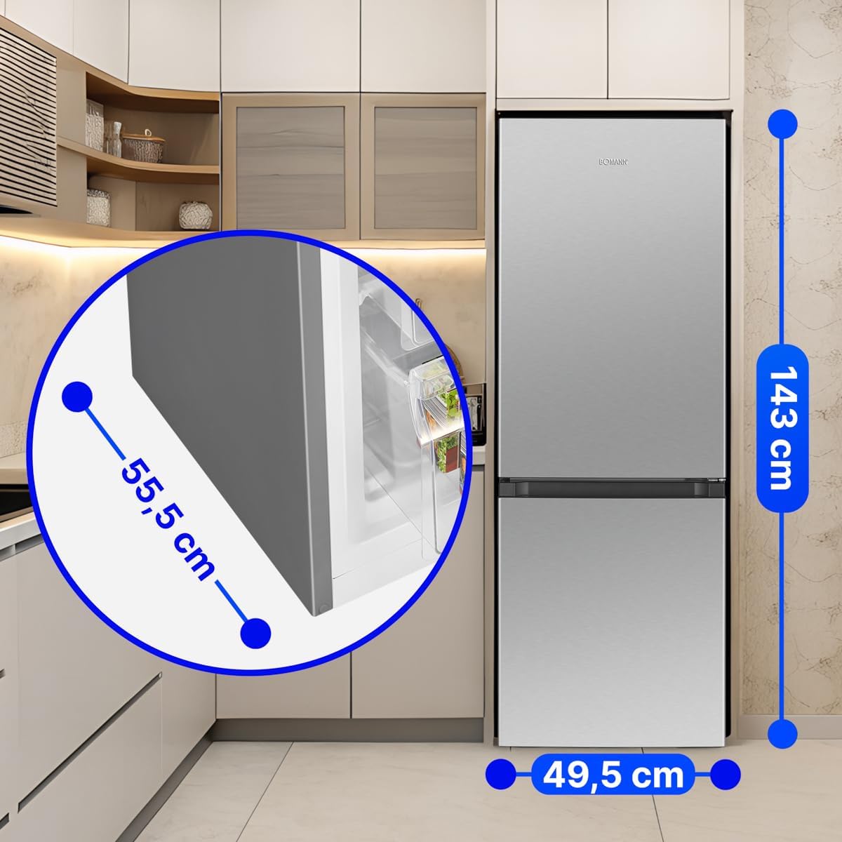Bomann® Kühlschrank mit Gefrierfach | Energieklasse E | 143cm | Kühl Gefrierkombination leise 39 dB | 3 Ablagen & 3 Schubladen | Türanschlag wechselbar | 175L Kühlgefrierkombi | KG 320.2 schwarz [Energieklasse E]