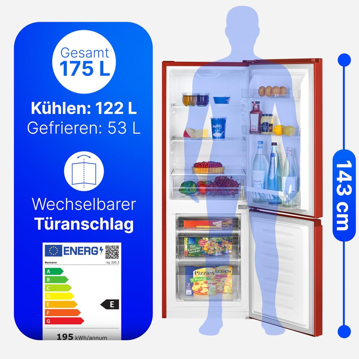 Bomann® Kühlschrank mit Gefrierfach | Energieklasse E | 143cm | Kühl Gefrierkombination leise 39 dB | 3 Ablagen & 3 Schubladen | Türanschlag wechselbar | 175L Kühlgefrierkombi | KG 320.2 schwarz [Energieklasse E]