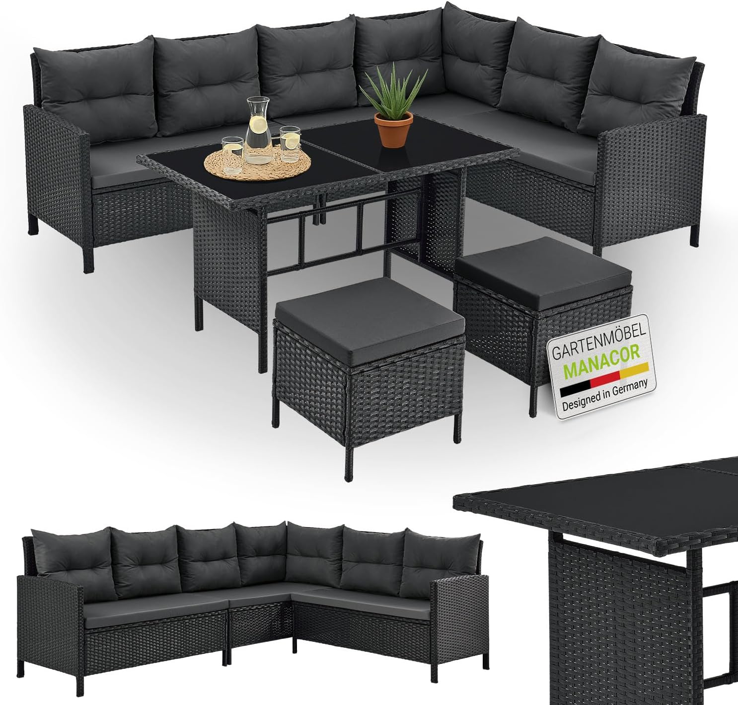 Juskys Polyrattan Lounge Manacor mit Ecksofa, Esstisch, 2 Hocker & Kissen - wetterfest bis 7 Personen - Bezüge waschbar - Rattan Garten Sitzgruppe Gartenlounge Gartenmöbel Set - Schwarz/Grau