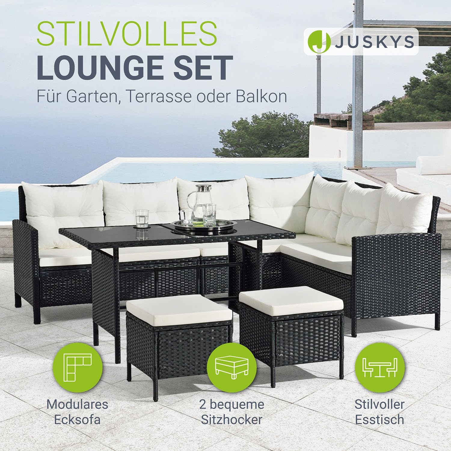 Juskys Polyrattan Lounge Manacor mit Ecksofa, Esstisch, 2 Hocker & Kissen - wetterfest bis 7 Personen - Bezüge waschbar - Rattan Garten Sitzgruppe Gartenlounge Gartenmöbel Set - Schwarz/Creme
