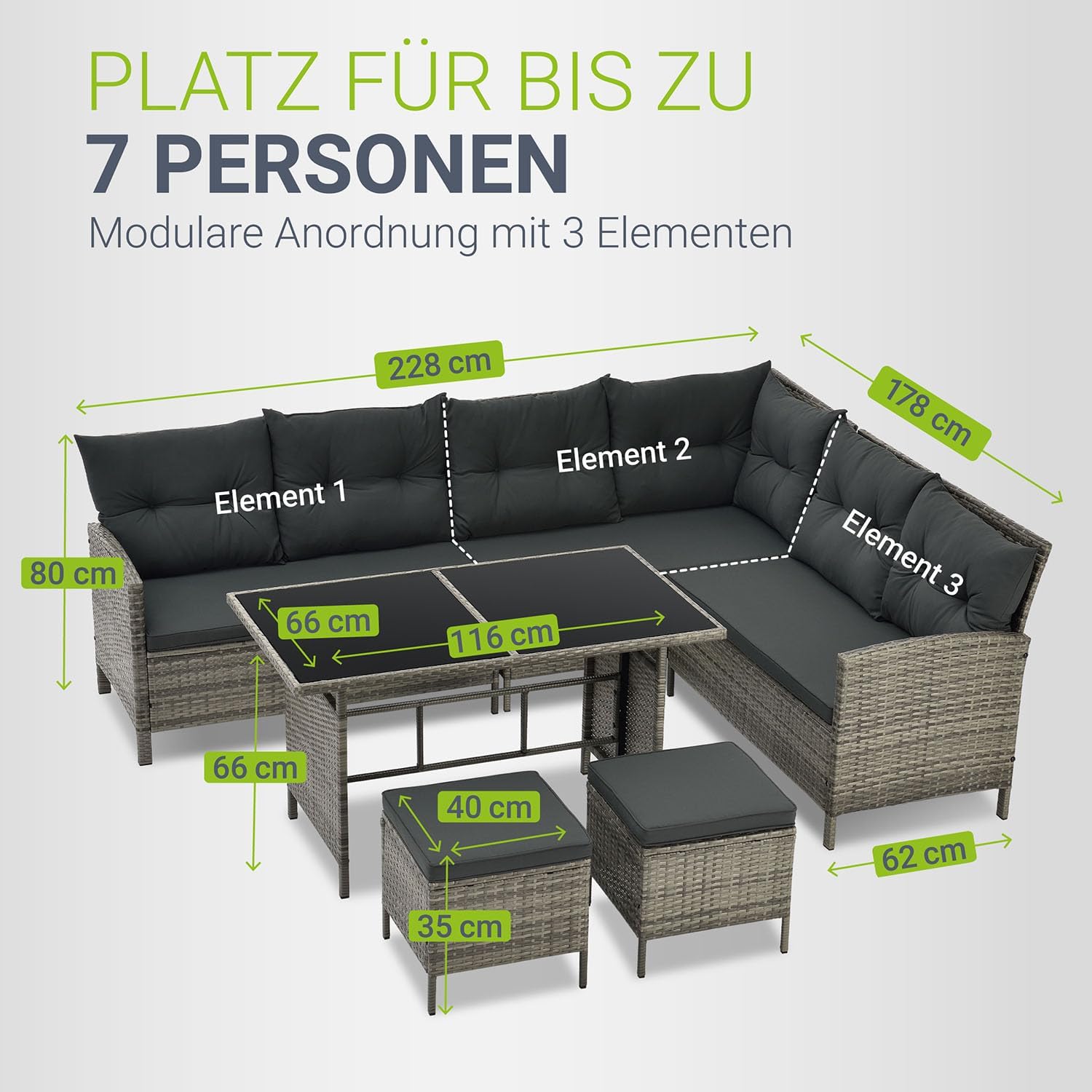 Juskys Polyrattan Lounge Manacor mit Ecksofa, Esstisch, 2 Hocker & Kissen - wetterfest bis 7 Personen - Bezüge waschbar - Rattan Garten Sitzgruppe Gartenlounge Gartenmöbel Set - Grau-meliert