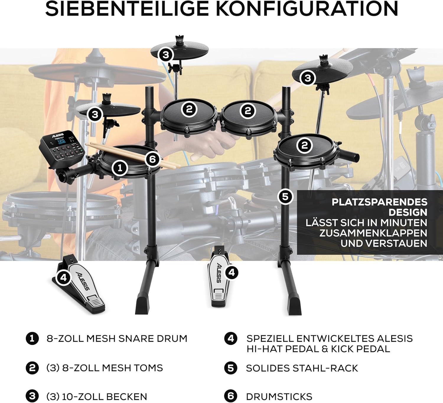 Alesis Turbo Mesh Kit - E Schlagzeug Elektronisch mit Mesh-Heads, Drumsticks, Drum Key, über 100 Sounds und 30 Play-Along-Tracks