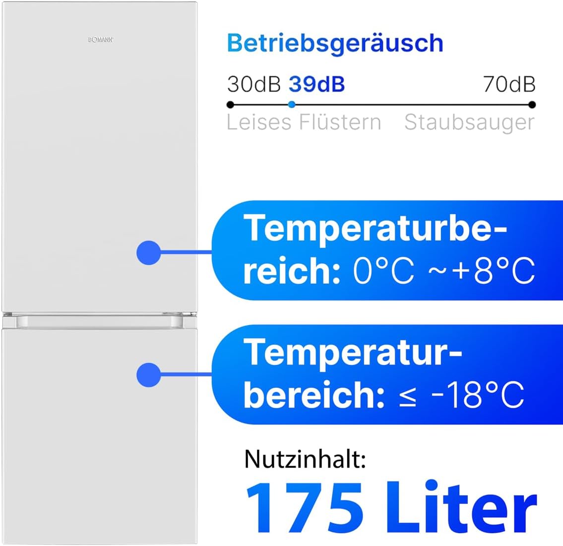 Bomann® Kühlschrank mit Gefrierfach | Energieklasse E | 143cm | Kühl Gefrierkombination leise 39 dB | 3 Ablagen & 3 Schubladen | Türanschlag wechselbar | 175L Kühlgefrierkombi | KG 320.2 schwarz [Energieklasse E]