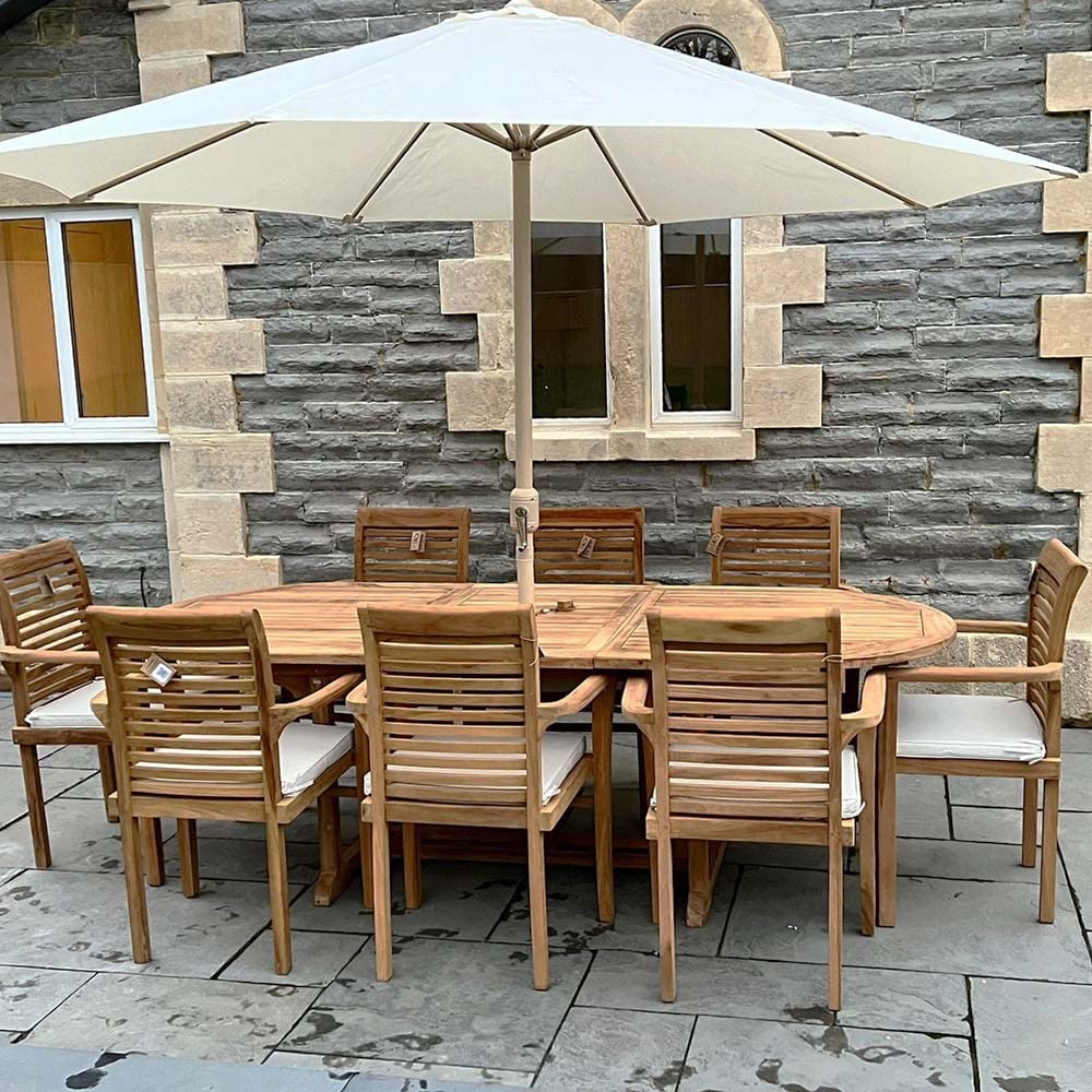 Teak Gartenmöbel Set, Gartentisch und 8 Stühle, Holz Gartenmöbel Set mit Sonnenschirm