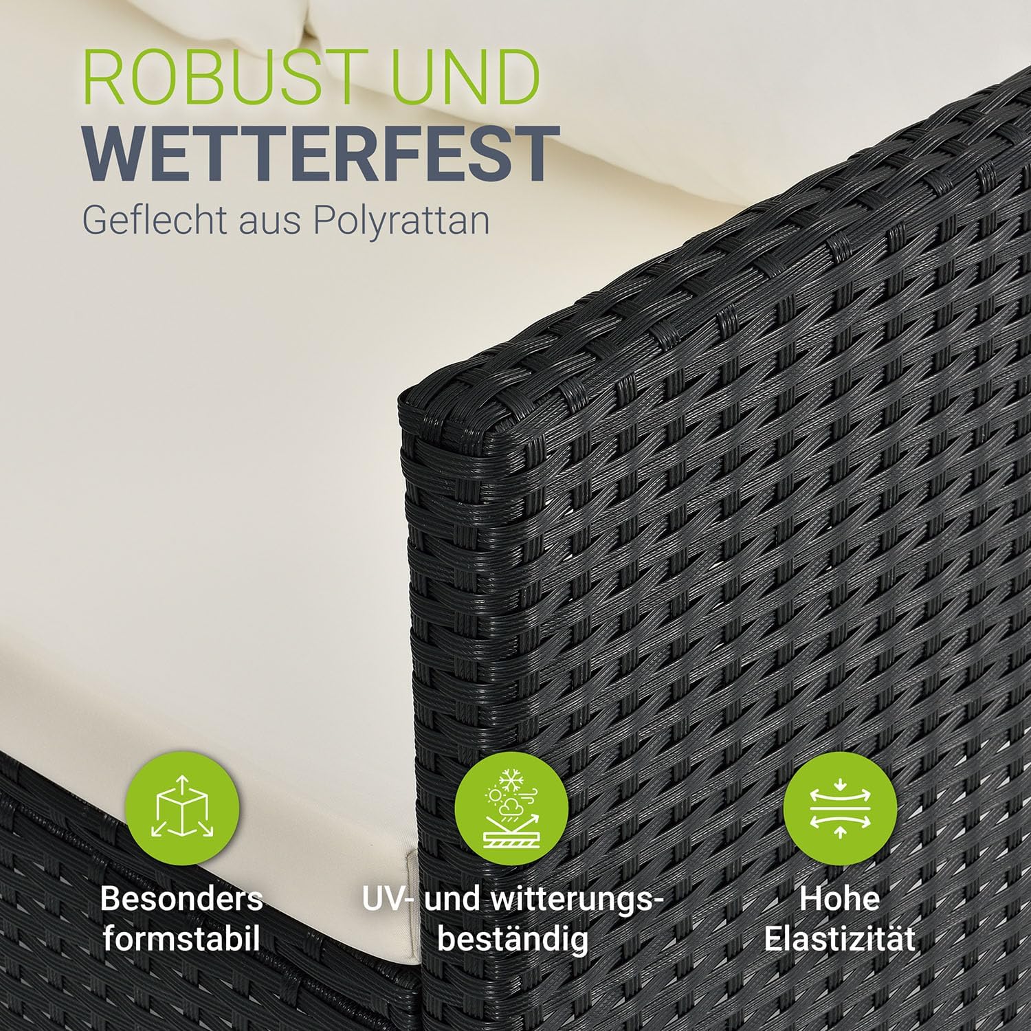 Juskys Polyrattan Lounge Manacor mit Ecksofa, Esstisch, 2 Hocker & Kissen - wetterfest bis 7 Personen - Bezüge waschbar - Rattan Garten Sitzgruppe Gartenlounge Gartenmöbel Set - Schwarz/Creme