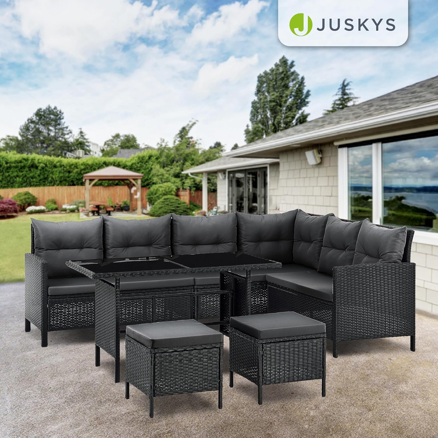 Juskys Polyrattan Lounge Manacor mit Ecksofa, Esstisch, 2 Hocker & Kissen - wetterfest bis 7 Personen - Bezüge waschbar - Rattan Garten Sitzgruppe Gartenlounge Gartenmöbel Set - Schwarz/Grau
