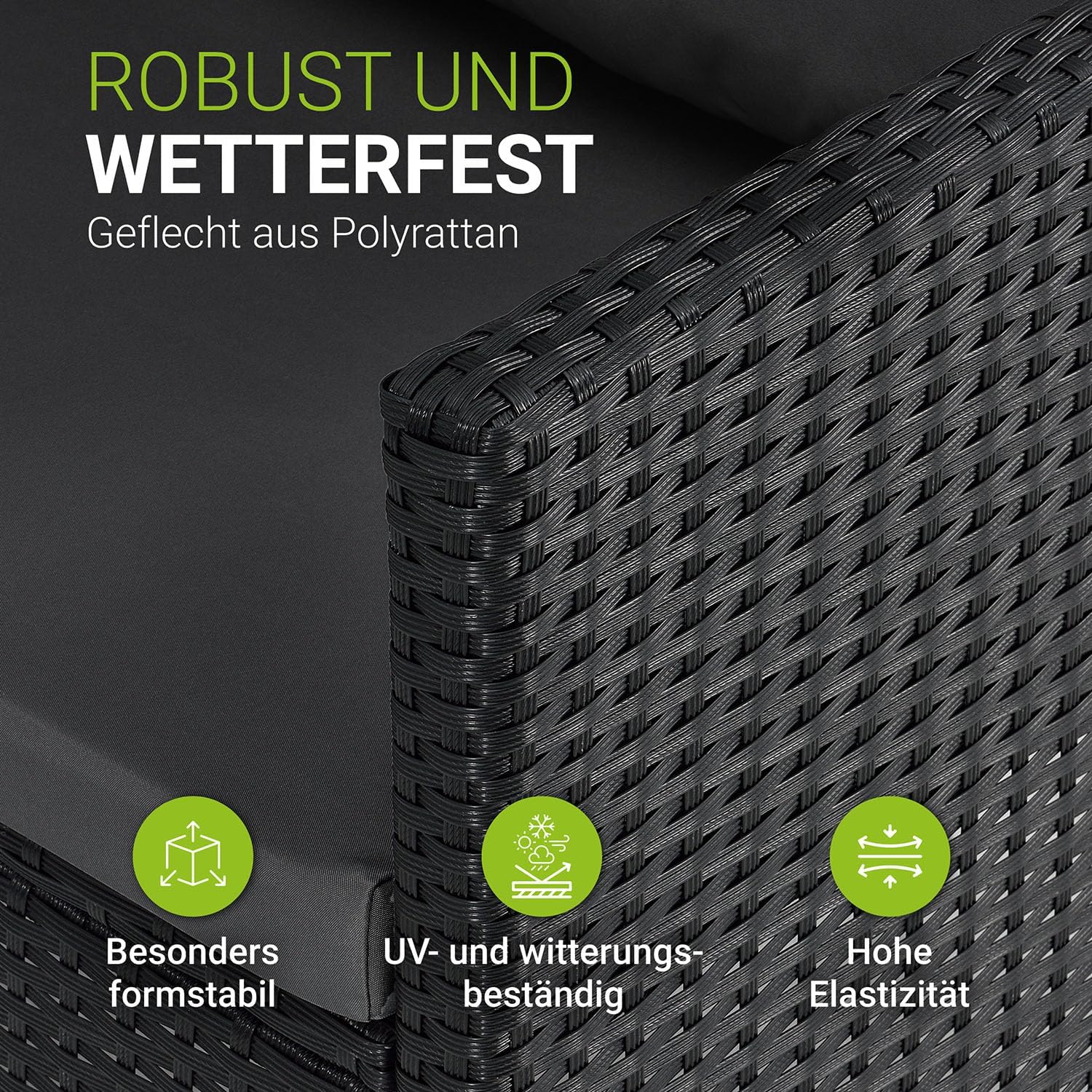 Juskys Polyrattan Lounge Manacor mit Ecksofa, Esstisch, 2 Hocker & Kissen - wetterfest bis 7 Personen - Bezüge waschbar - Rattan Garten Sitzgruppe Gartenlounge Gartenmöbel Set - Schwarz/Grau