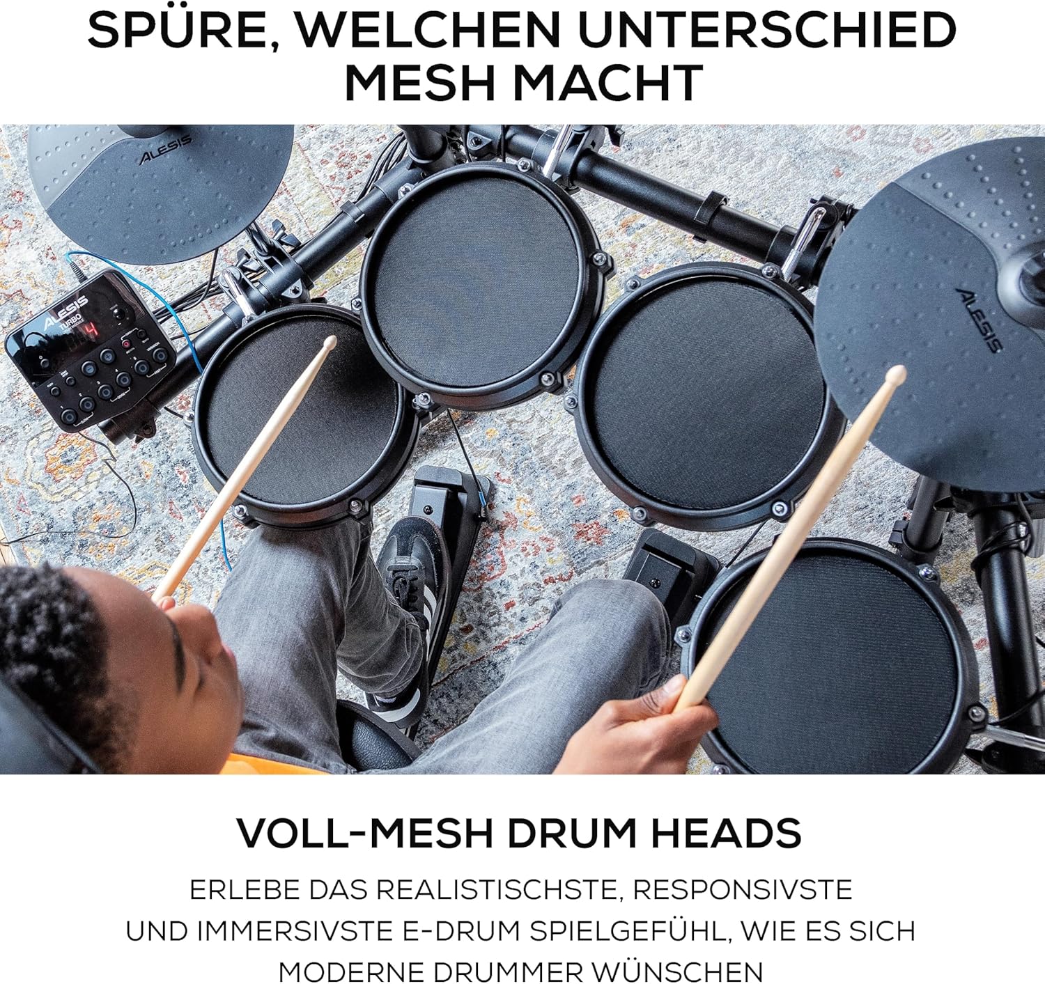 Alesis Turbo Mesh Kit - E Schlagzeug Elektronisch mit Mesh-Heads, Drumsticks, Drum Key, über 100 Sounds und 30 Play-Along-Tracks