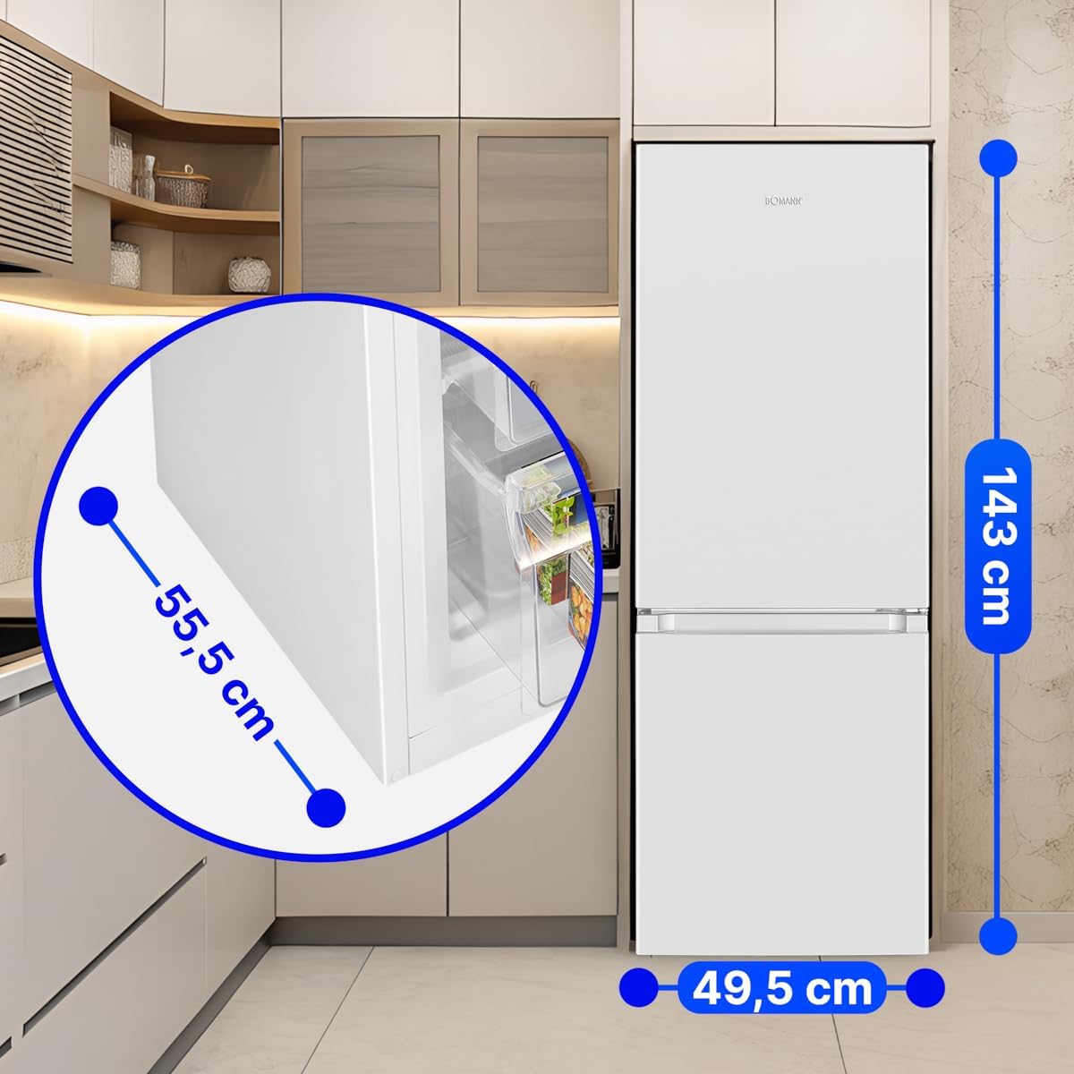 Bomann® Kühlschrank mit Gefrierfach | Energieklasse E | 143cm | Kühl Gefrierkombination leise 39 dB | 3 Ablagen & 3 Schubladen | Türanschlag wechselbar | 175L Kühlgefrierkombi | KG 320.2 schwarz [Energieklasse E]