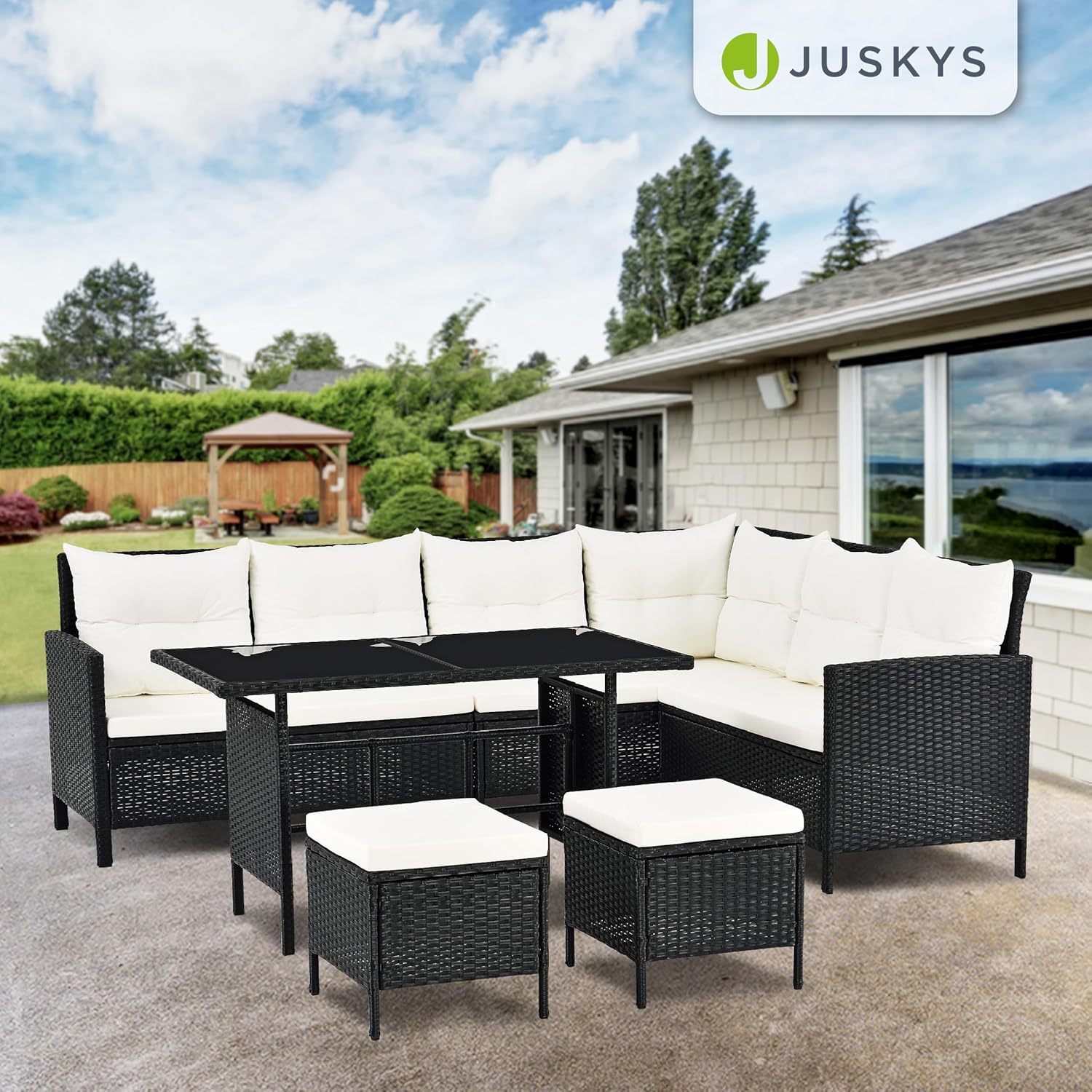 Juskys Polyrattan Lounge Manacor mit Ecksofa, Esstisch, 2 Hocker & Kissen - wetterfest bis 7 Personen - Bezüge waschbar - Rattan Garten Sitzgruppe Gartenlounge Gartenmöbel Set - Schwarz/Creme