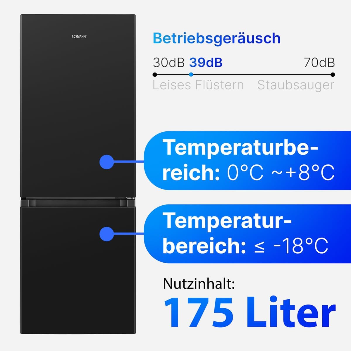 Bomann® Kühlschrank mit Gefrierfach | Energieklasse E | 143cm | Kühl Gefrierkombination leise 39 dB | 3 Ablagen & 3 Schubladen | Türanschlag wechselbar | 175L Kühlgefrierkombi | KG 320.2 schwarz [Energieklasse E]