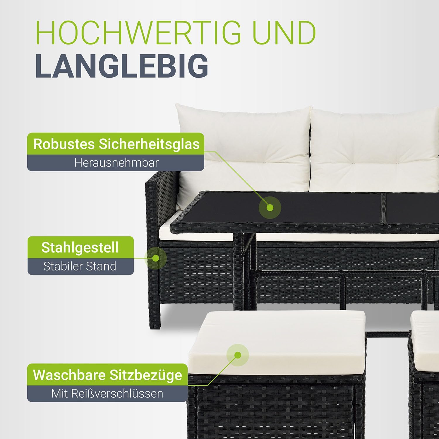 Juskys Polyrattan Lounge Manacor mit Ecksofa, Esstisch, 2 Hocker & Kissen - wetterfest bis 7 Personen - Bezüge waschbar - Rattan Garten Sitzgruppe Gartenlounge Gartenmöbel Set - Schwarz/Creme