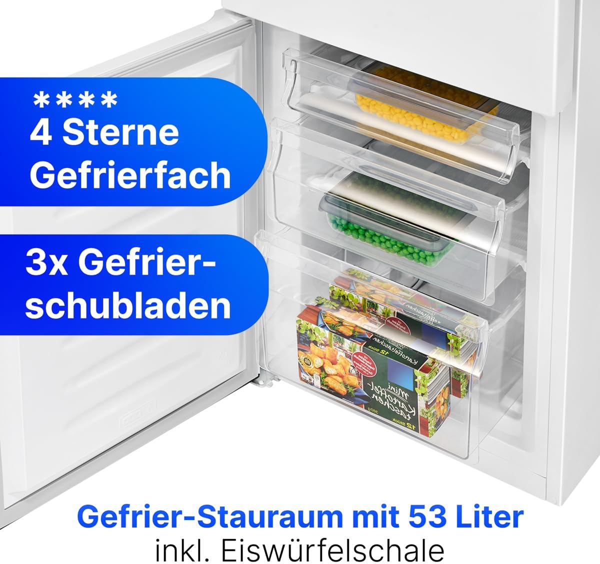 Bomann® Kühlschrank mit Gefrierfach | Energieklasse E | 143cm | Kühl Gefrierkombination leise 39 dB | 3 Ablagen & 3 Schubladen | Türanschlag wechselbar | 175L Kühlgefrierkombi | KG 320.2 schwarz [Energieklasse E]