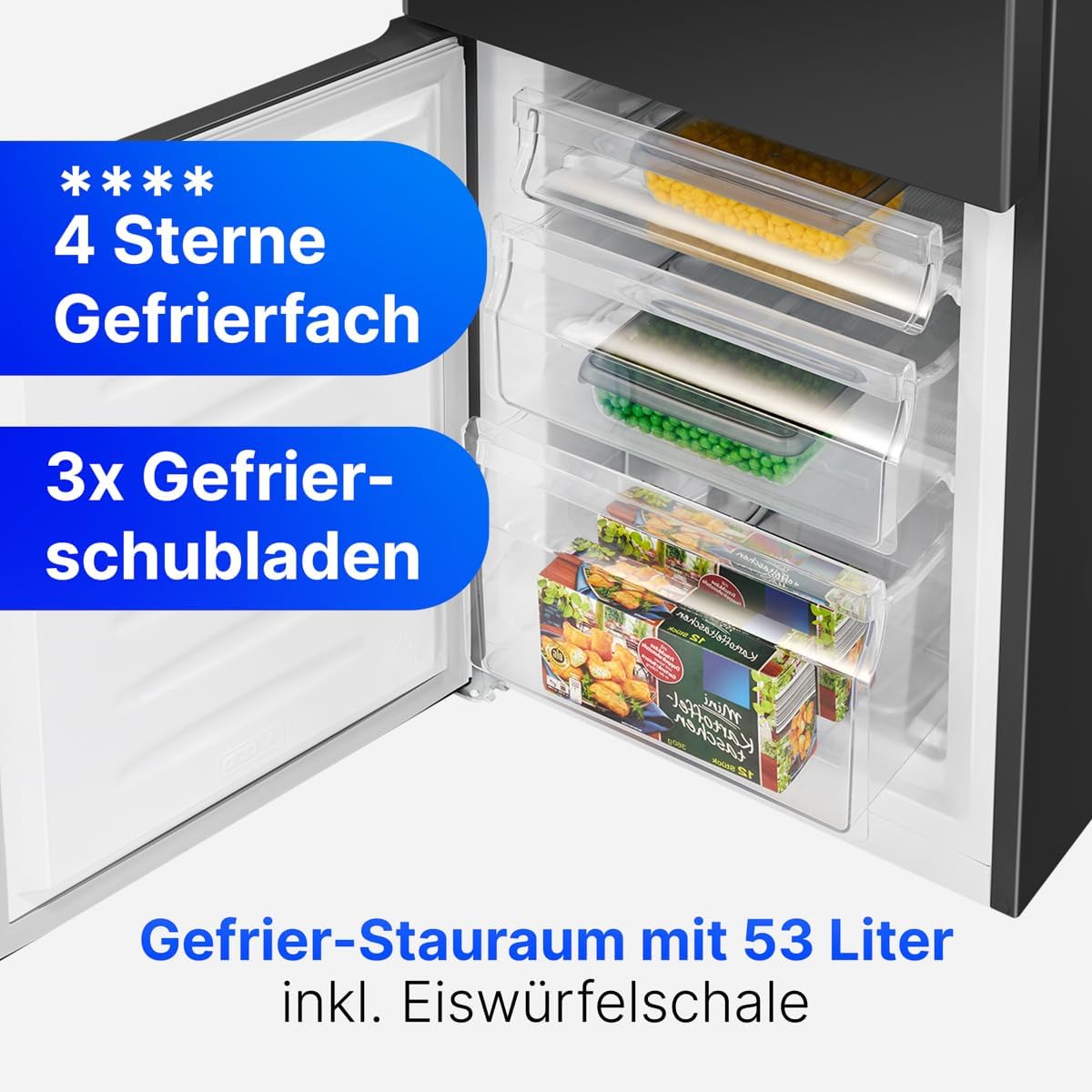 Bomann® Kühlschrank mit Gefrierfach | Energieklasse E | 143cm | Kühl Gefrierkombination leise 39 dB | 3 Ablagen & 3 Schubladen | Türanschlag wechselbar | 175L Kühlgefrierkombi | KG 320.2 schwarz [Energieklasse E]
