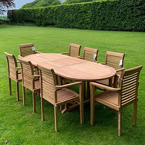 Teak Gartenmöbel Set, Gartentisch und 8 Stühle, Holz Gartenmöbel Set mit Sonnenschirm