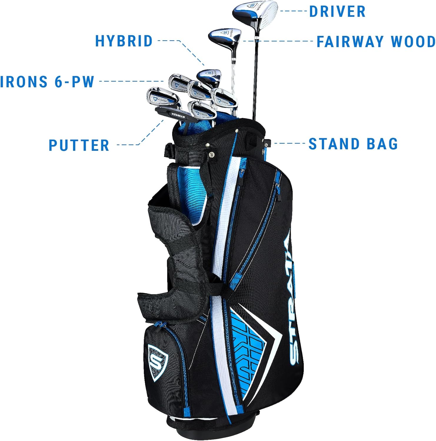 STRATA Golf-Komplettpaket-Set: Golfausrüstungspaket mit Driver, Hölzern, Hybriden, Eisen, Putter und Standbag für sofortige Höchstleistung