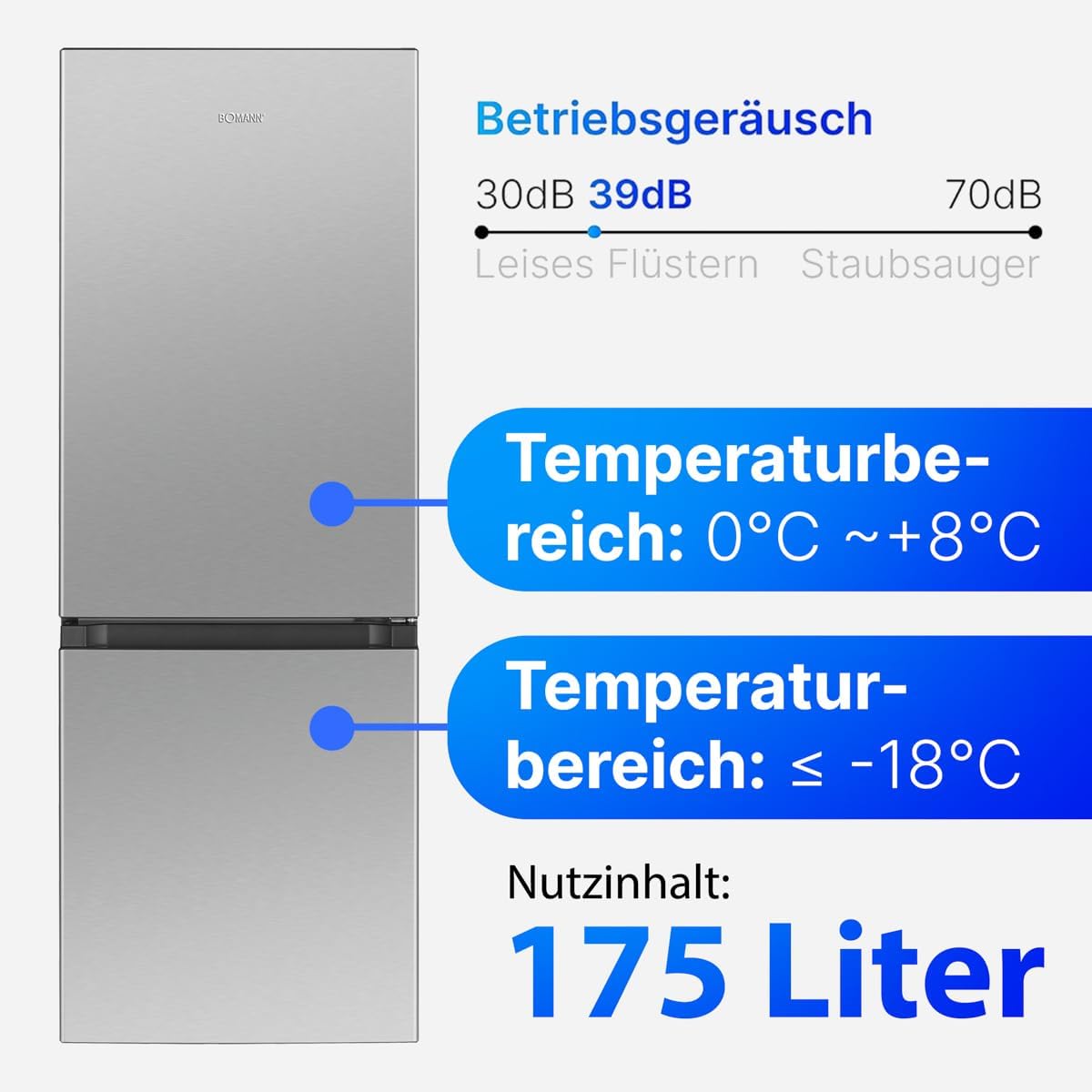 Bomann® Kühlschrank mit Gefrierfach | Energieklasse E | 143cm | Kühl Gefrierkombination leise 39 dB | 3 Ablagen & 3 Schubladen | Türanschlag wechselbar | 175L Kühlgefrierkombi | KG 320.2 schwarz [Energieklasse E]