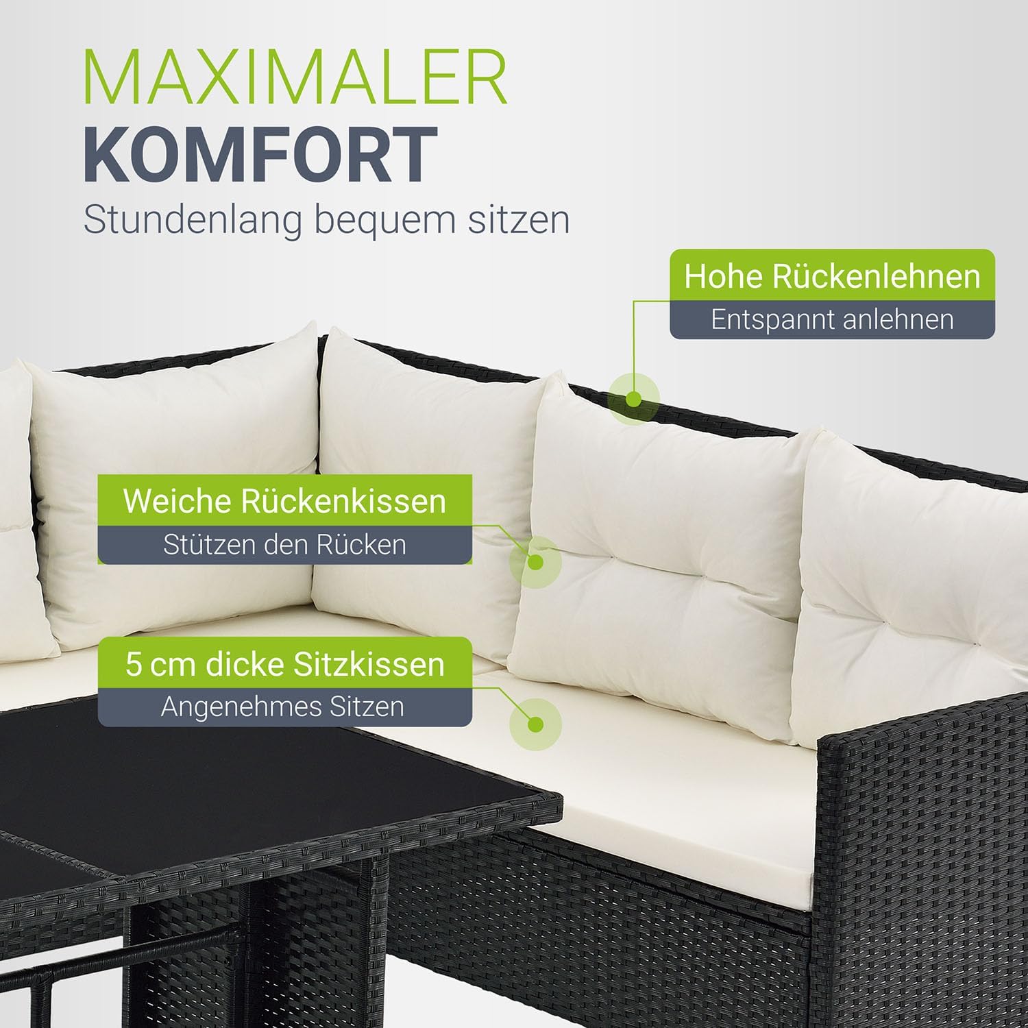 Juskys Polyrattan Lounge Manacor mit Ecksofa, Esstisch, 2 Hocker & Kissen - wetterfest bis 7 Personen - Bezüge waschbar - Rattan Garten Sitzgruppe Gartenlounge Gartenmöbel Set - Schwarz/Creme