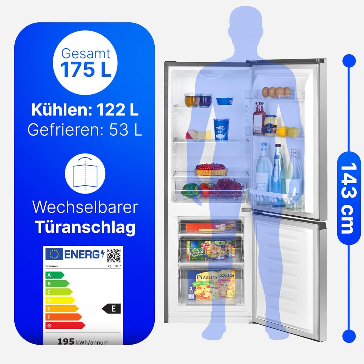 Bomann® Kühlschrank mit Gefrierfach | Energieklasse E | 143cm | Kühl Gefrierkombination leise 39 dB | 3 Ablagen & 3 Schubladen | Türanschlag wechselbar | 175L Kühlgefrierkombi | KG 320.2 schwarz [Energieklasse E]