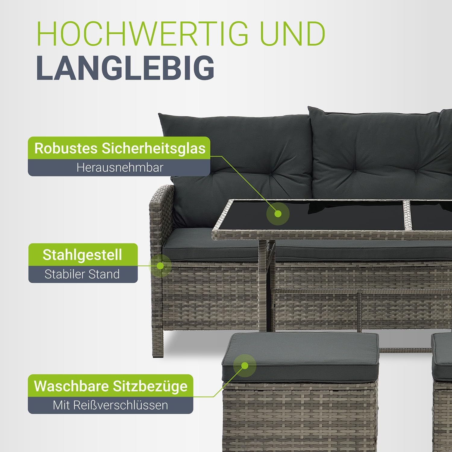 Juskys Polyrattan Lounge Manacor mit Ecksofa, Esstisch, 2 Hocker & Kissen - wetterfest bis 7 Personen - Bezüge waschbar - Rattan Garten Sitzgruppe Gartenlounge Gartenmöbel Set - Grau-meliert