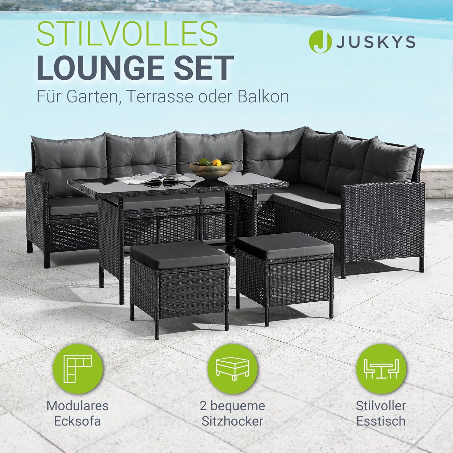 Juskys Polyrattan Lounge Manacor mit Ecksofa, Esstisch, 2 Hocker & Kissen - wetterfest bis 7 Personen - Bezüge waschbar - Rattan Garten Sitzgruppe Gartenlounge Gartenmöbel Set - Schwarz/Grau