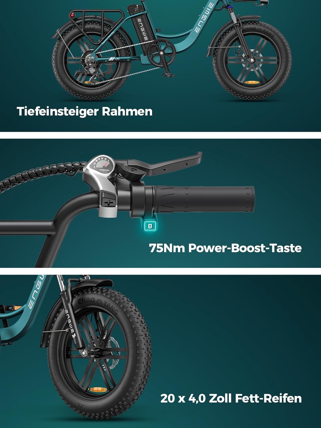 ENGWE E Bike Herren mit 48V 13Ah Batterie, 20 * 4.0 Zoll, 7-Gang Getriebe mit LCD-Display, 250W Motor & 25km/h, Reichweite bis zu 120km L20/L20 Boost