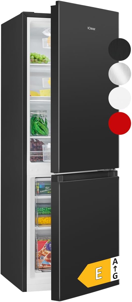 Bomann® Kühlschrank mit Gefrierfach | Energieklasse E | 143cm | Kühl Gefrierkombination leise 39 dB | 3 Ablagen & 3 Schubladen | Türanschlag wechselbar | 175L Kühlgefrierkombi | KG 320.2 schwarz [Energieklasse E]