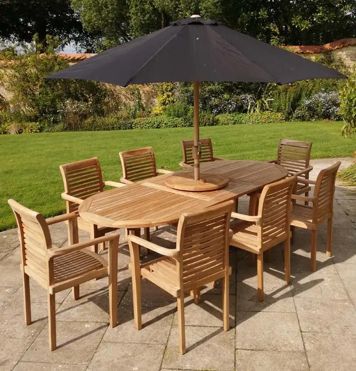 Teak Gartenmöbel Set, Gartentisch und 8 Stühle, Holz Gartenmöbel Set mit Sonnenschirm
