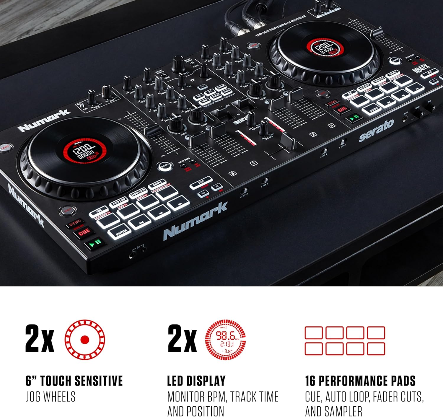 Numark NS4FX 4-Kanal DJ Controller Pult, Touch-Jogwheels mit Display, Pads und Effekten, Booth- und Main-Ausgänge, Serato DJ Lite Enthalten