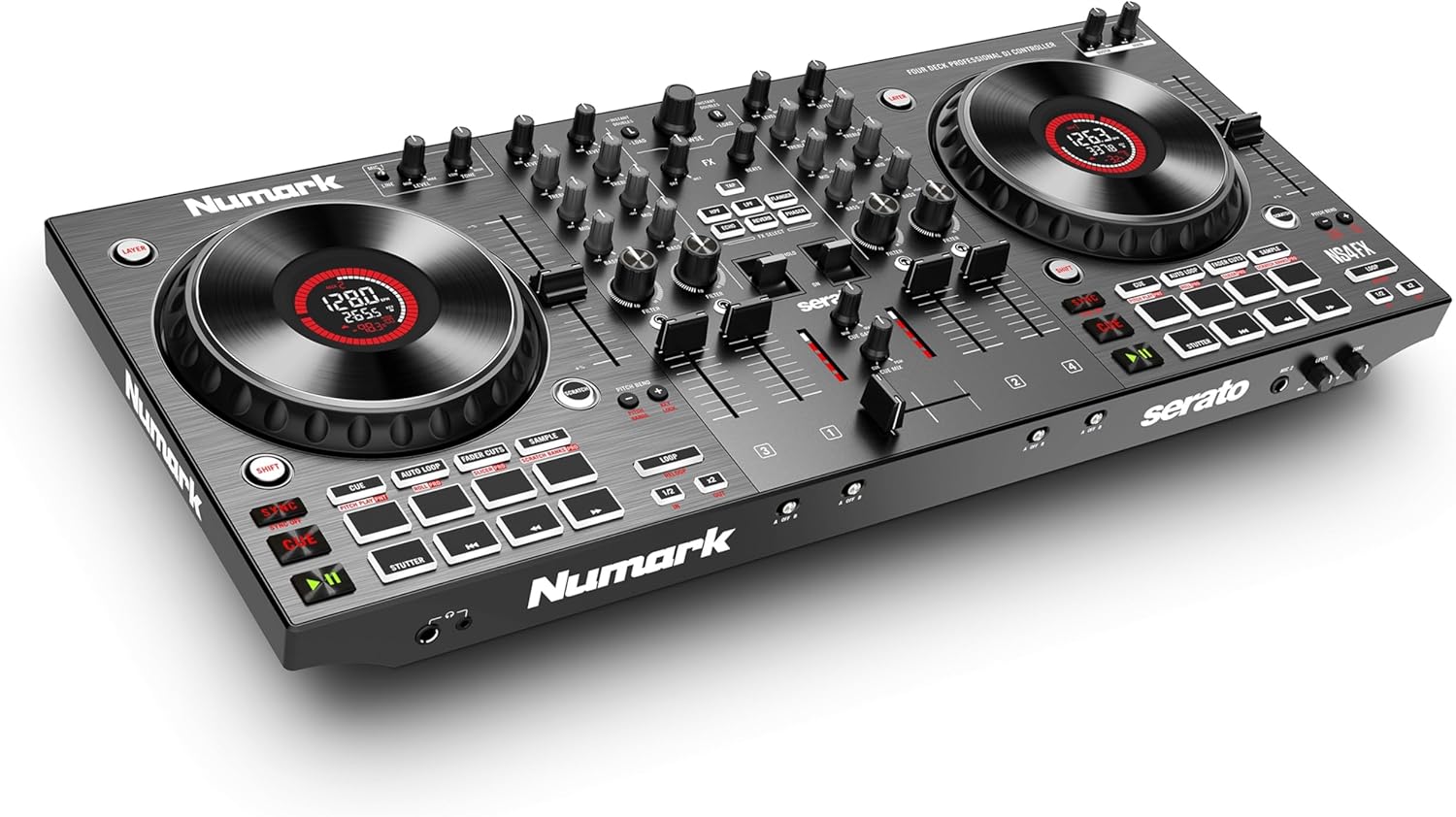 Numark NS4FX 4-Kanal DJ Controller Pult, Touch-Jogwheels mit Display, Pads und Effekten, Booth- und Main-Ausgänge, Serato DJ Lite Enthalten