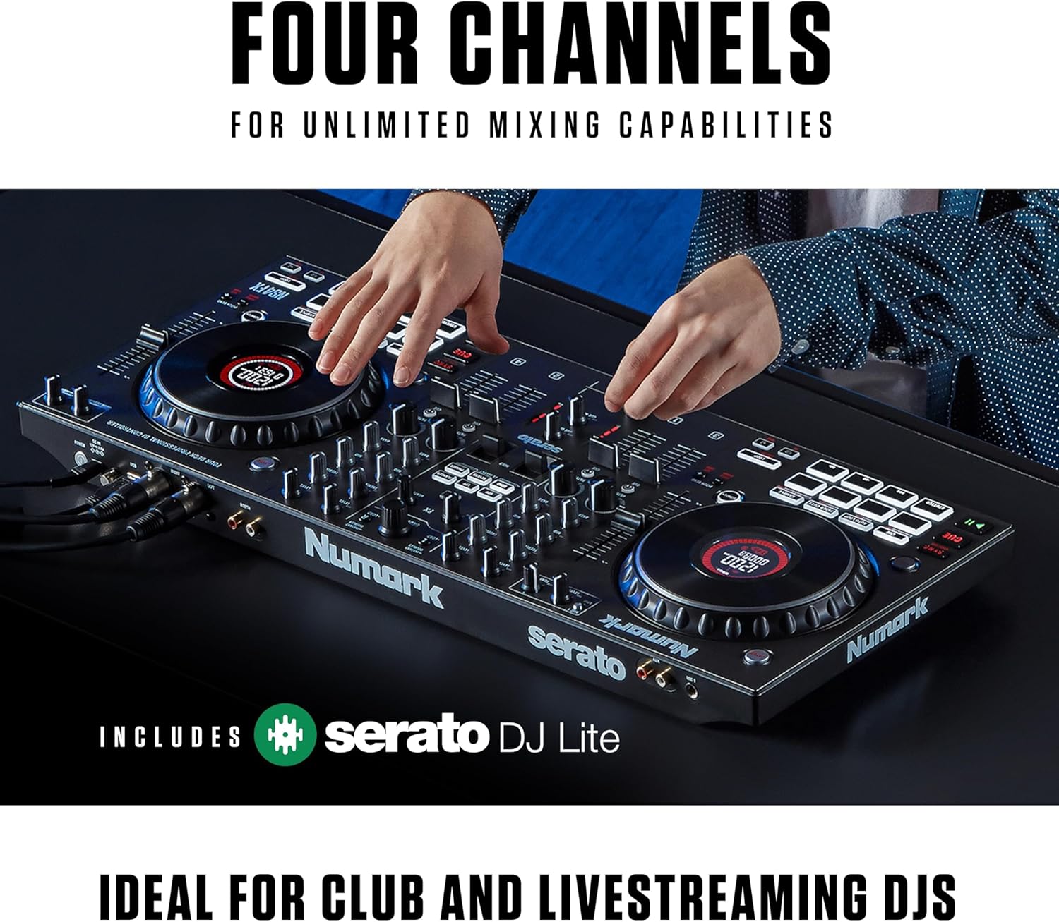 Numark NS4FX 4-Kanal DJ Controller Pult, Touch-Jogwheels mit Display, Pads und Effekten, Booth- und Main-Ausgänge, Serato DJ Lite Enthalten