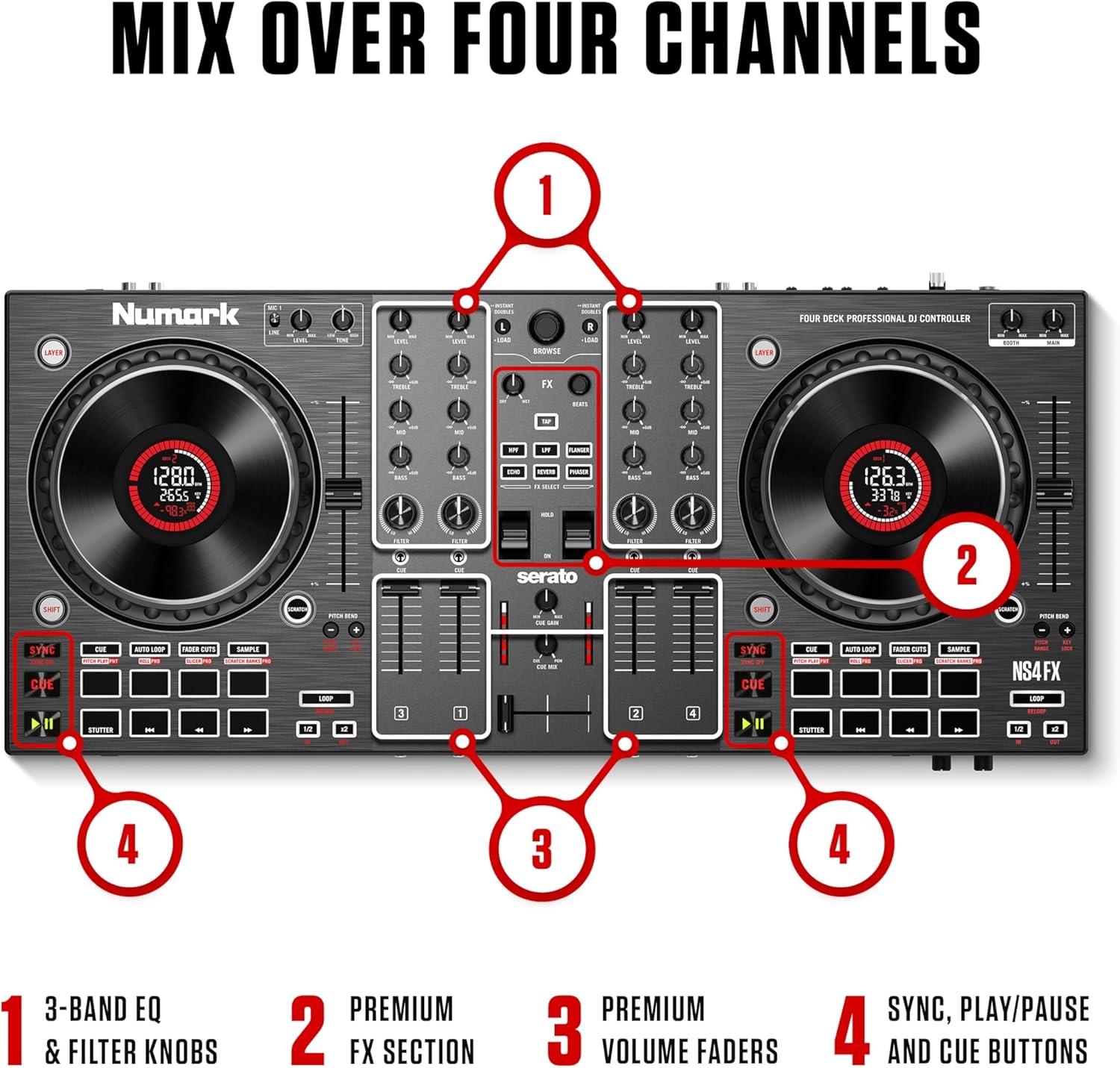 Numark NS4FX 4-Kanal DJ Controller Pult, Touch-Jogwheels mit Display, Pads und Effekten, Booth- und Main-Ausgänge, Serato DJ Lite Enthalten