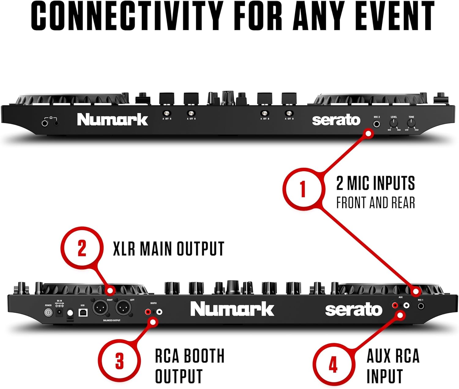 Numark NS4FX 4-Kanal DJ Controller Pult, Touch-Jogwheels mit Display, Pads und Effekten, Booth- und Main-Ausgänge, Serato DJ Lite Enthalten