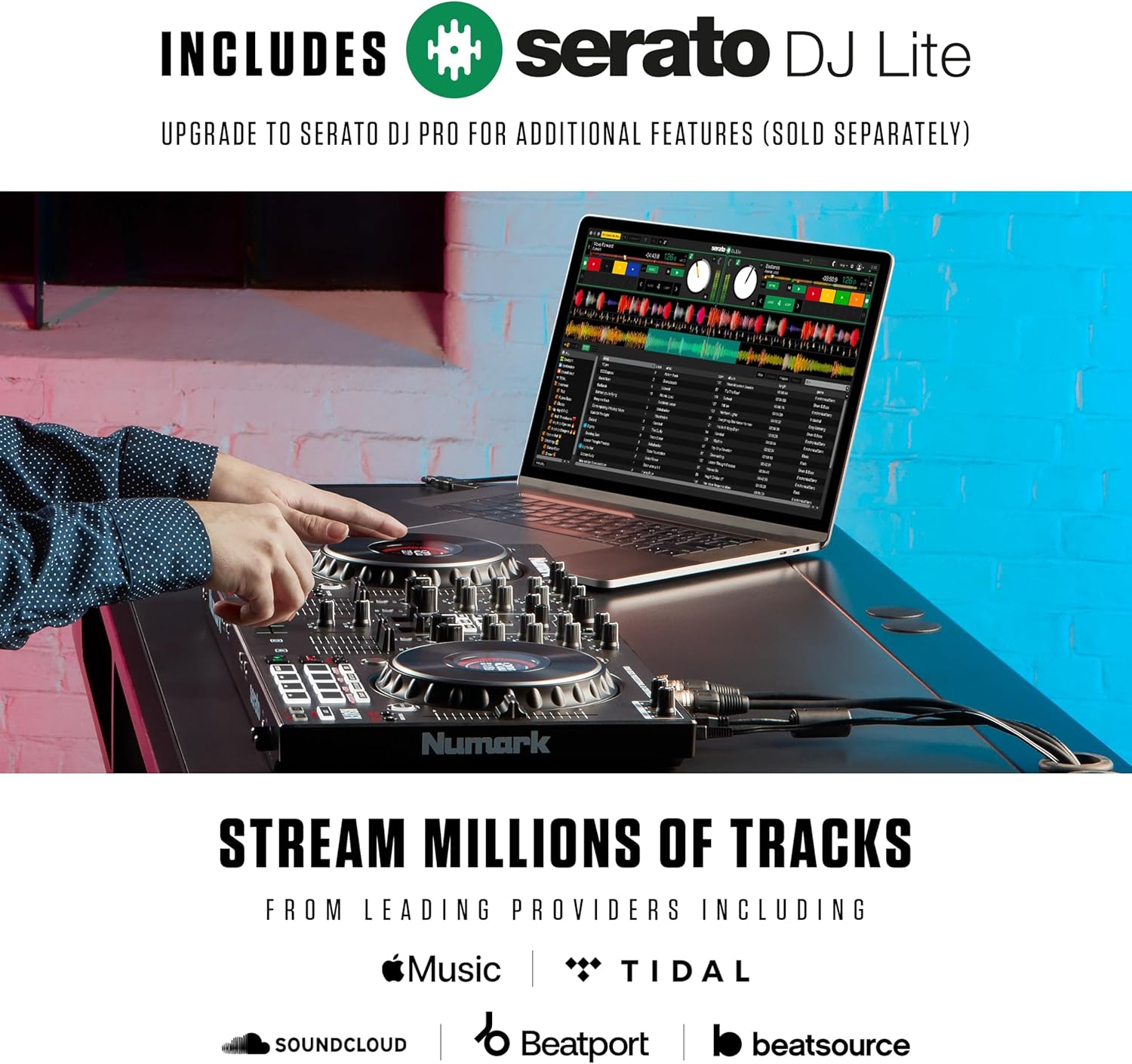 Numark NS4FX 4-Kanal DJ Controller Pult, Touch-Jogwheels mit Display, Pads und Effekten, Booth- und Main-Ausgänge, Serato DJ Lite Enthalten