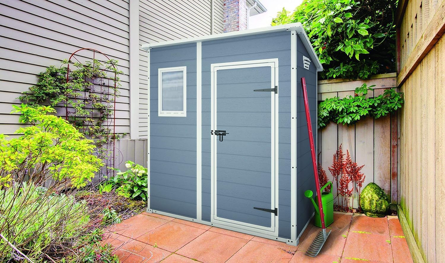 Keter Manor Pent 6x4 Gartenhaus wetterfest, Kunststoff, Outdoor, Außenmaße: BxTxH:183.5 x 111 x 200.5 cm, Innenmaße: 168.5 x 97 x 154 cm, grau