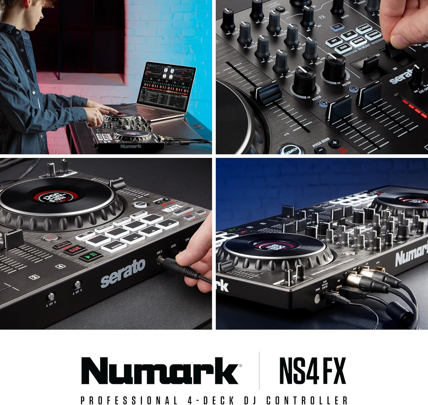 Numark NS4FX 4-Kanal DJ Controller Pult, Touch-Jogwheels mit Display, Pads und Effekten, Booth- und Main-Ausgänge, Serato DJ Lite Enthalten